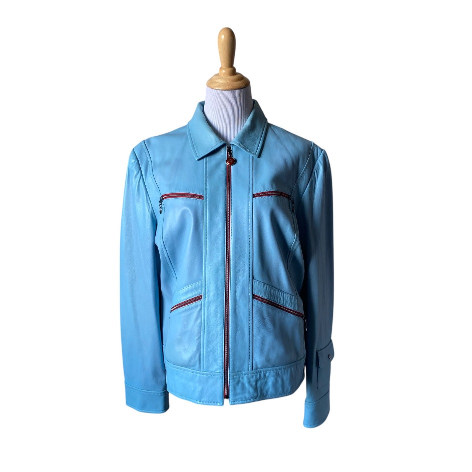 Y2k St. John Sport By Marie Gray Blue Leather Jacket W/ Red Trim Accents/Lining